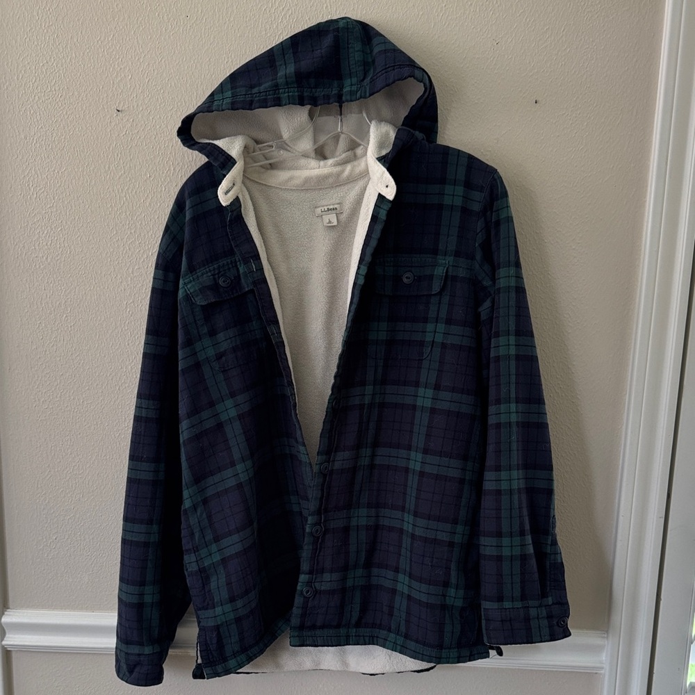 L.L. Bean Blue and Green Plaid Hooded Shirt Jacket